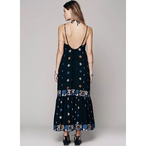 Free People Stiched with Love Maxi Dress Womens Size 8 Black Boho Tribal Flowy - Picture 2 of 14
